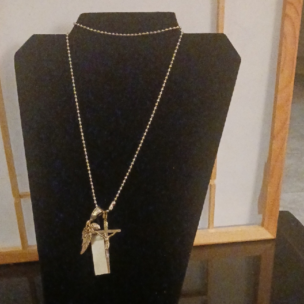 Angel Wing & Cross Silvertone Chain Pendant Necklace New With Tag